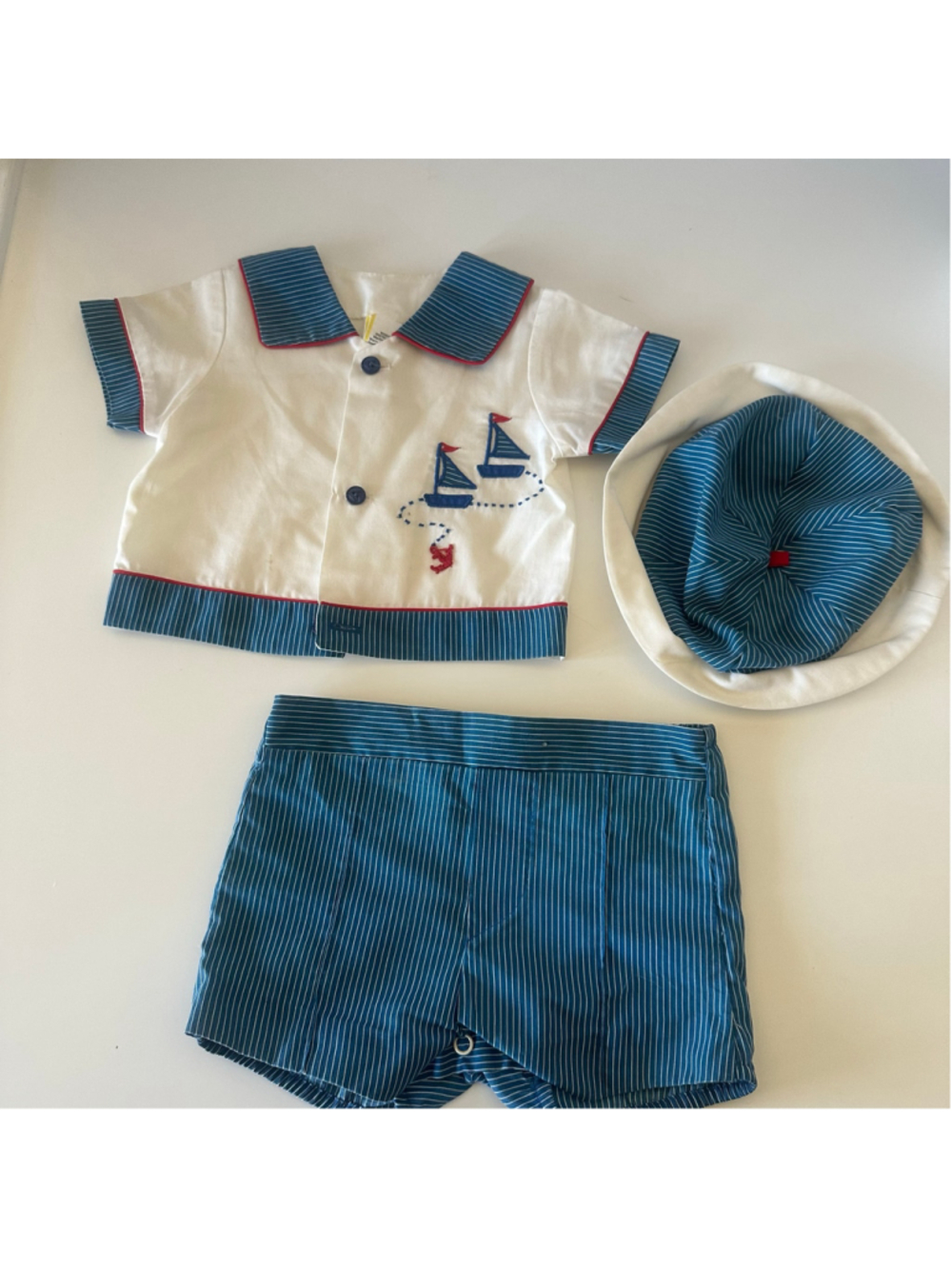 Vintage Baby Boy Sailor Suit 3-Piece Set w/ Hat & Shorts (Size 3–6 Months)